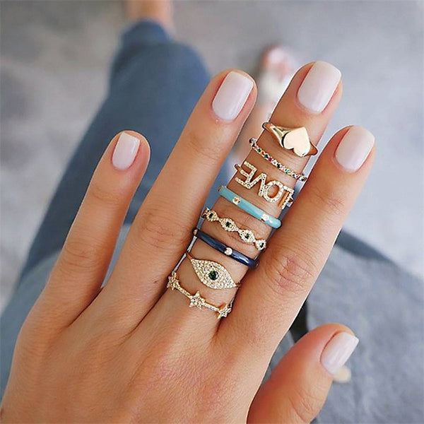 15 Pcs/set Bohemian Retro Crystal Flower Leaves Hollow Lotus Gem Silver Ring Set Women Wedding Anniversary Gift