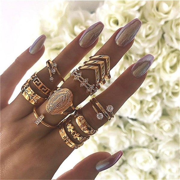 15 Pcs/set Bohemian Retro Crystal Flower Leaves Hollow Lotus Gem Silver Ring Set Women Wedding Anniversary Gift