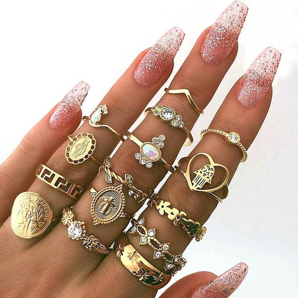 15 Pcs/set Bohemian Retro Crystal Flower Leaves Hollow Lotus Gem Silver Ring Set Women Wedding Anniversary Gift