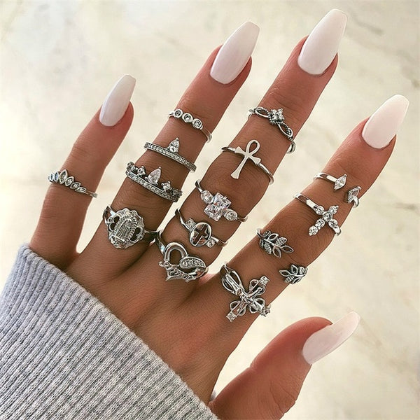 15 Pcs/set Bohemian Retro Crystal Flower Leaves Hollow Lotus Gem Silver Ring Set Women Wedding Anniversary Gift