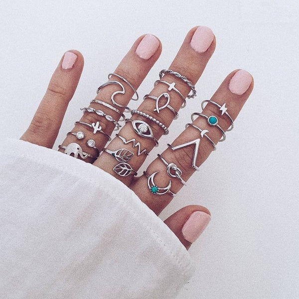 15 Pcs/set Bohemian Retro Crystal Flower Leaves Hollow Lotus Gem Silver Ring Set Women Wedding Anniversary Gift