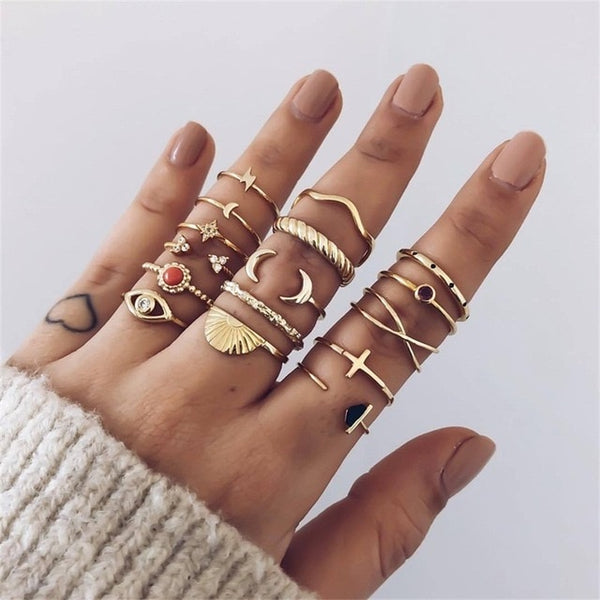 15 Pcs/set Bohemian Retro Crystal Flower Leaves Hollow Lotus Gem Silver Ring Set Women Wedding Anniversary Gift