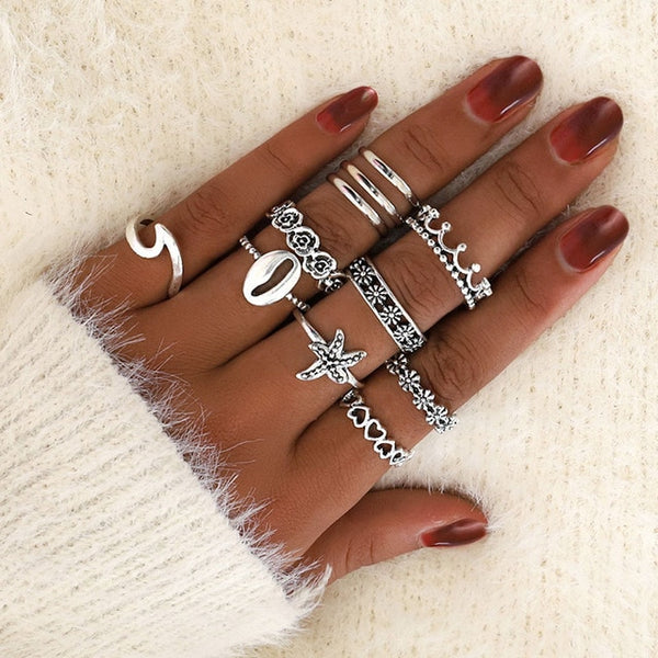 15 Pcs/set Bohemian Retro Crystal Flower Leaves Hollow Lotus Gem Silver Ring Set Women Wedding Anniversary Gift