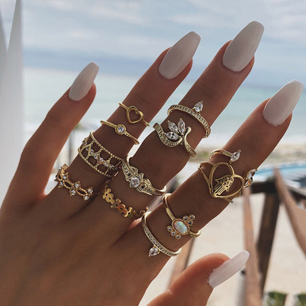 15 Pcs/set Bohemian Retro Crystal Flower Leaves Hollow Lotus Gem Silver Ring Set Women Wedding Anniversary Gift