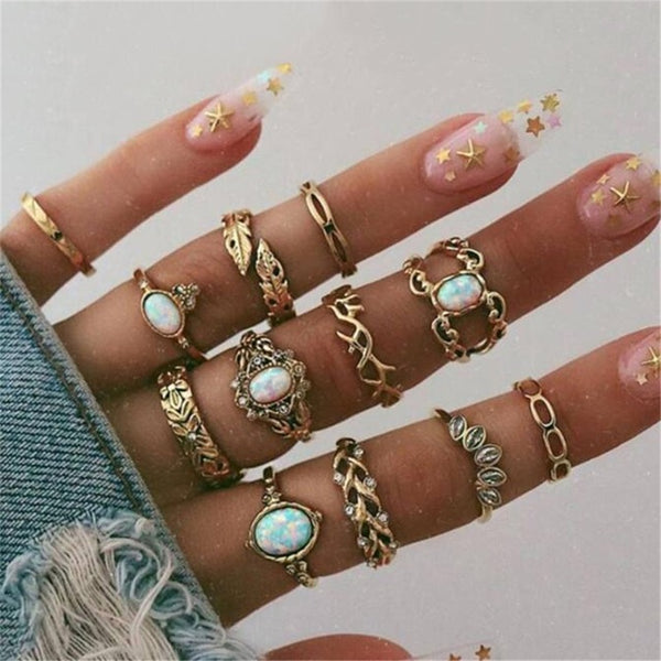 15 Pcs/set Bohemian Retro Crystal Flower Leaves Hollow Lotus Gem Silver Ring Set Women Wedding Anniversary Gift