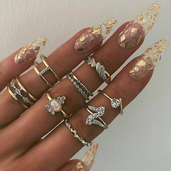 15 Pcs/set Bohemian Retro Crystal Flower Leaves Hollow Lotus Gem Silver Ring Set Women Wedding Anniversary Gift