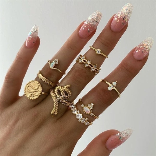 15 Pcs/set Bohemian Retro Crystal Flower Leaves Hollow Lotus Gem Silver Ring Set Women Wedding Anniversary Gift