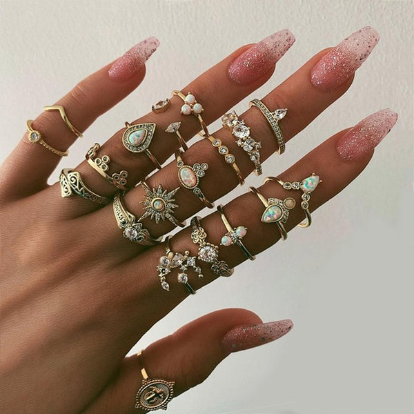 15 Pcs/set Bohemian Retro Crystal Flower Leaves Hollow Lotus Gem Silver Ring Set Women Wedding Anniversary Gift