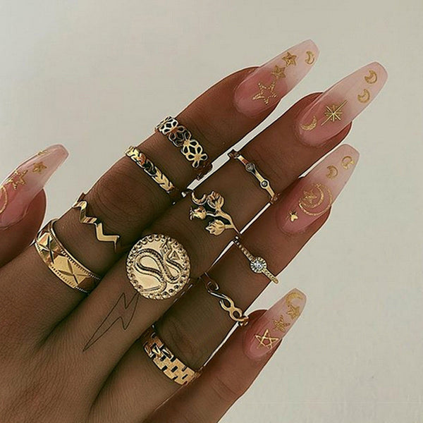 15 Pcs/set Bohemian Retro Crystal Flower Leaves Hollow Lotus Gem Silver Ring Set Women Wedding Anniversary Gift