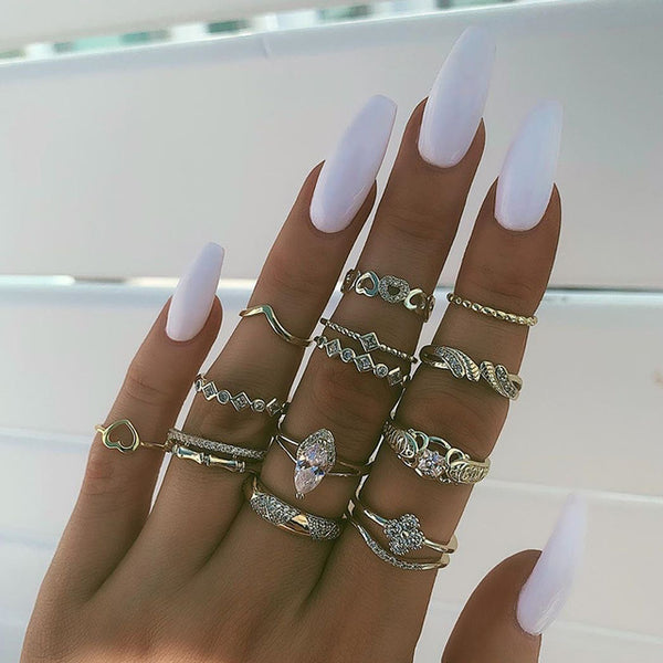 15 Pcs/set Bohemian Retro Crystal Flower Leaves Hollow Lotus Gem Silver Ring Set Women Wedding Anniversary Gift