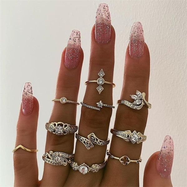 15 Pcs/set Bohemian Retro Crystal Flower Leaves Hollow Lotus Gem Silver Ring Set Women Wedding Anniversary Gift