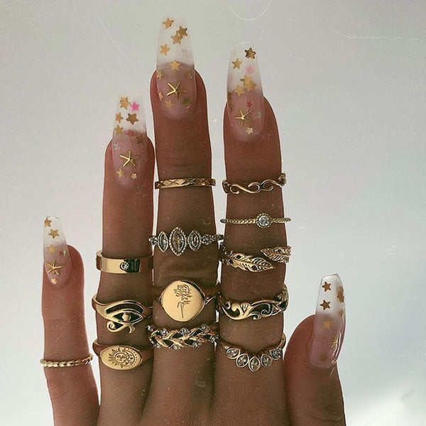 15 Pcs/set Bohemian Retro Crystal Flower Leaves Hollow Lotus Gem Silver Ring Set Women Wedding Anniversary Gift