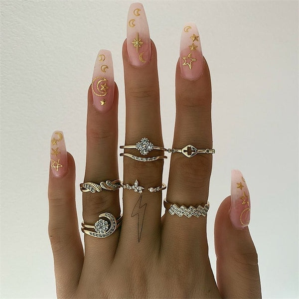 15 Pcs/set Bohemian Retro Crystal Flower Leaves Hollow Lotus Gem Silver Ring Set Women Wedding Anniversary Gift