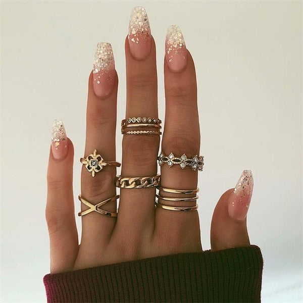 15 Pcs/set Bohemian Retro Crystal Flower Leaves Hollow Lotus Gem Silver Ring Set Women Wedding Anniversary Gift