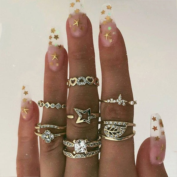 15 Pcs/set Bohemian Retro Crystal Flower Leaves Hollow Lotus Gem Silver Ring Set Women Wedding Anniversary Gift