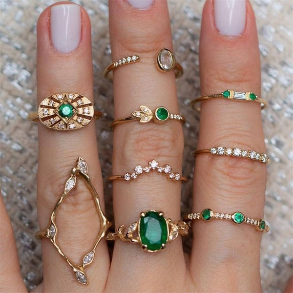15 Pcs/set Bohemian Retro Crystal Flower Leaves Hollow Lotus Gem Silver Ring Set Women Wedding Anniversary Gift