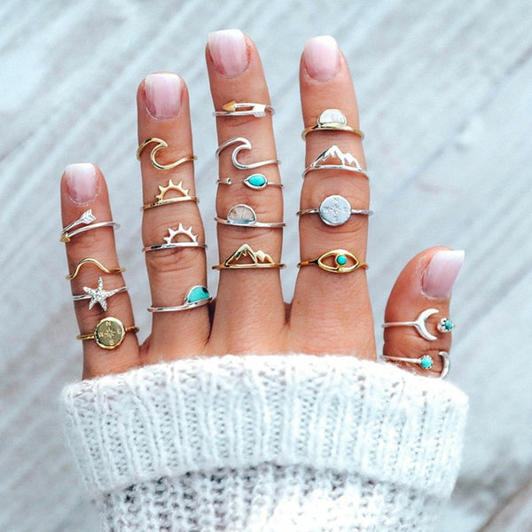 15 Pcs/set Bohemian Retro Crystal Flower Leaves Hollow Lotus Gem Silver Ring Set Women Wedding Anniversary Gift