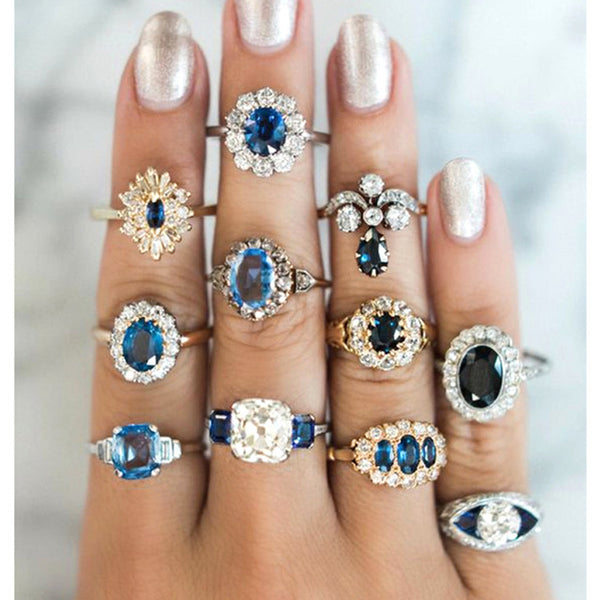 15 Pcs/set Bohemian Retro Crystal Flower Leaves Hollow Lotus Gem Silver Ring Set Women Wedding Anniversary Gift