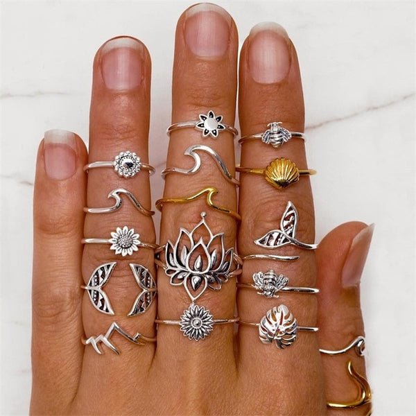15 Pcs/set Bohemian Retro Crystal Flower Leaves Hollow Lotus Gem Silver Ring Set Women Wedding Anniversary Gift
