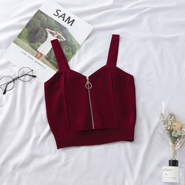 HELIAR Tops Women Crop Top Club Sexy Zipper Knitting Camisole With Hole Female Tank Tops Ladies Sleeveless Solid Strap Top Women