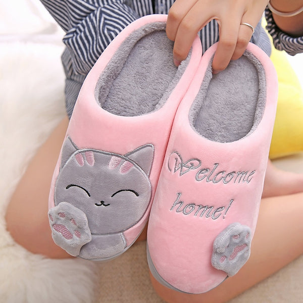 Dropshipping Women Winter Home Slippers Cartoon Cat Shoes Soft Winter Warm House Slippers Indoor Bedroom Slippers Couples T065