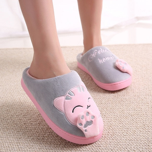Dropshipping Women Winter Home Slippers Cartoon Cat Shoes Soft Winter Warm House Slippers Indoor Bedroom Slippers Couples T065