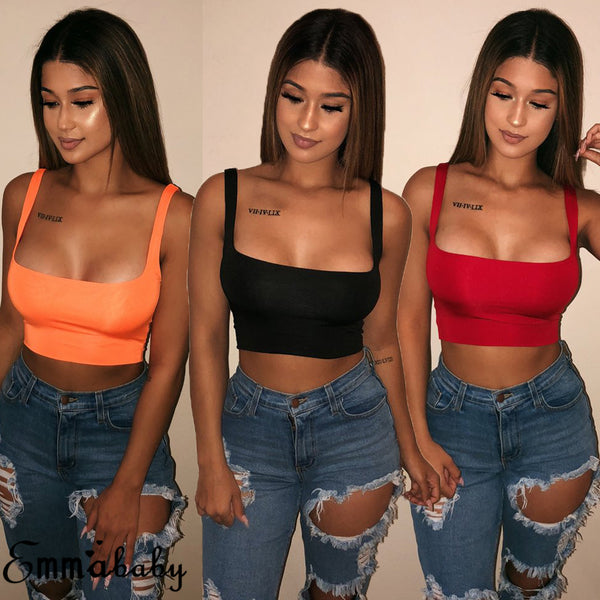 2020 Sexy Women Solid Strappy Tanks Vest Crop Top Summer Sleeveless Slash Neck Tanks Beach Women Sports Tank Tops