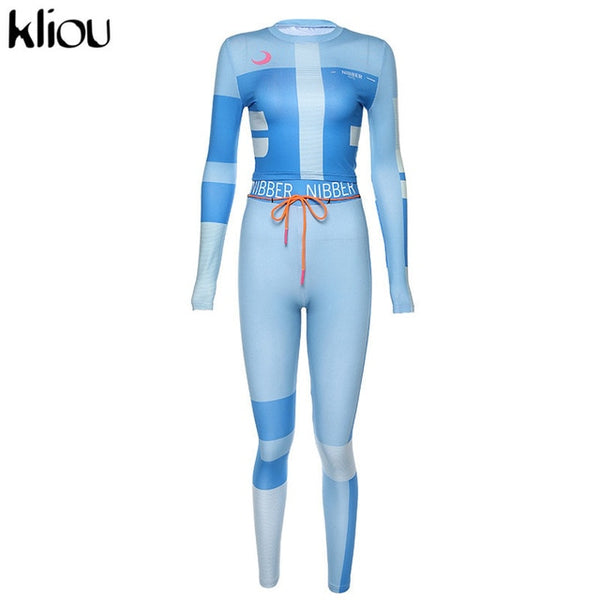 Kliou women fitness two pieces set tracksuit long sleeve crop top letters print elastic skinny leggings sportswear slim outfit