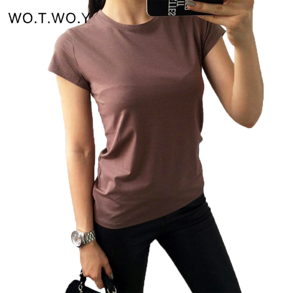 Hohe Qualität 18 Farbe S-3XL Plain T Shirt Frauen Baumwolle Elastische Grundlegende T-shirts Weibliche Casual Tops Kurzarm T-shirt Frauen 002
