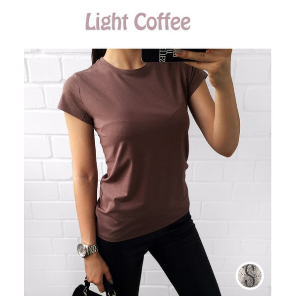 Hohe Qualität 18 Farbe S-3XL Plain T Shirt Frauen Baumwolle Elastische Grundlegende T-shirts Weibliche Casual Tops Kurzarm T-shirt Frauen 002