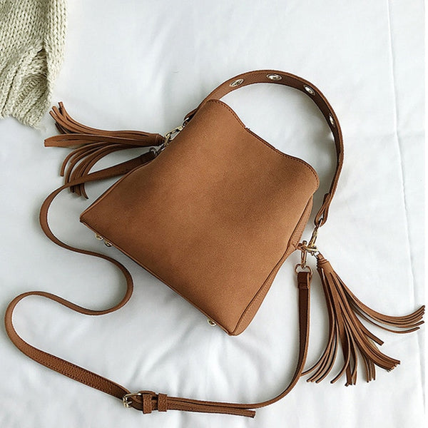 2019 mode Peeling Frauen Eimer Tasche Vintage Quaste Umhängetasche Hohe Qualität Retro Schulter Tasche Einfache Umhängetasche Tote