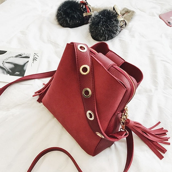 2019 mode Peeling Frauen Eimer Tasche Vintage Quaste Umhängetasche Hohe Qualität Retro Schulter Tasche Einfache Umhängetasche Tote