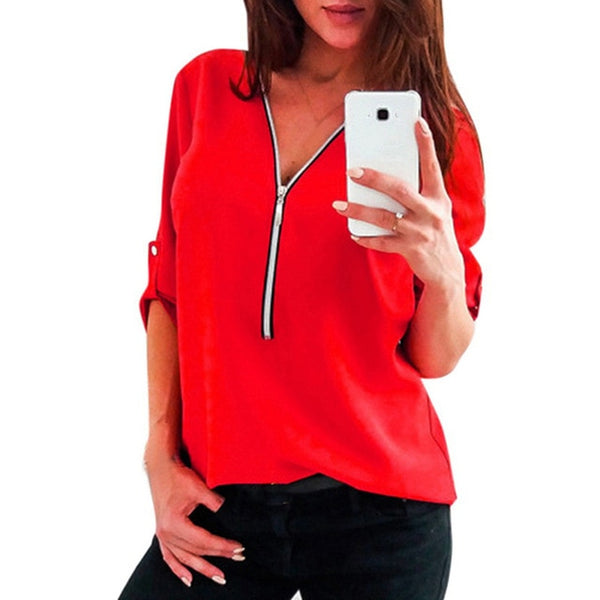LAAMEI de cremallera camisas de manga corta mujer Sexy V cuello las mujeres blusas Casual camiseta tops ropa de mujer Tallas grandes