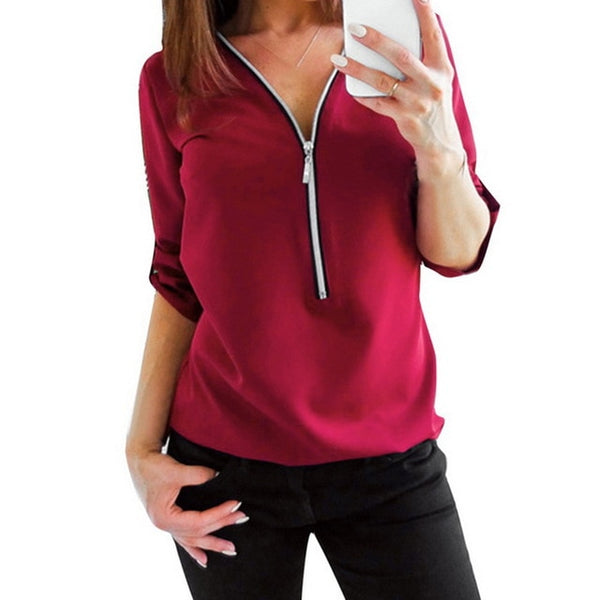 LAAMEI de cremallera camisas de manga corta mujer Sexy V cuello las mujeres blusas Casual camiseta tops ropa de mujer Tallas grandes