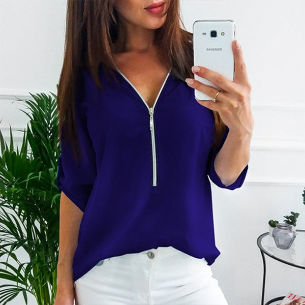 LAAMEI de cremallera camisas de manga corta mujer Sexy V cuello las mujeres blusas Casual camiseta tops ropa de mujer Tallas grandes