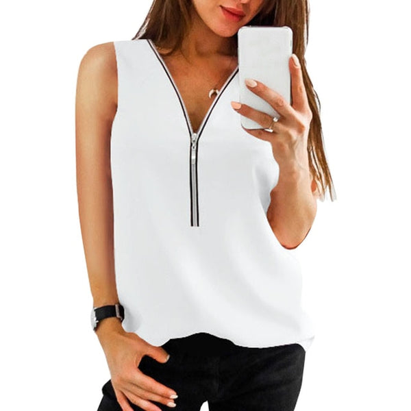 LAAMEI de cremallera camisas de manga corta mujer Sexy V cuello las mujeres blusas Casual camiseta tops ropa de mujer Tallas grandes