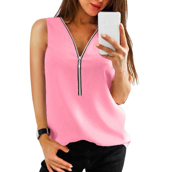 LAAMEI de cremallera camisas de manga corta mujer Sexy V cuello las mujeres blusas Casual camiseta tops ropa de mujer Tallas grandes