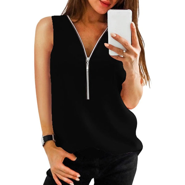 LAAMEI de cremallera camisas de manga corta mujer Sexy V cuello las mujeres blusas Casual camiseta tops ropa de mujer Tallas grandes