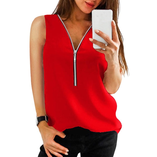 LAAMEI de cremallera camisas de manga corta mujer Sexy V cuello las mujeres blusas Casual camiseta tops ropa de mujer Tallas grandes
