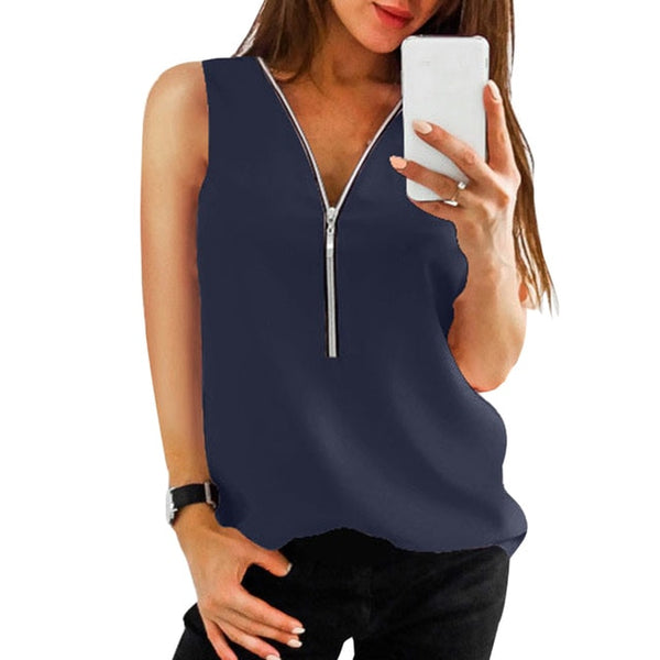LAAMEI de cremallera camisas de manga corta mujer Sexy V cuello las mujeres blusas Casual camiseta tops ropa de mujer Tallas grandes