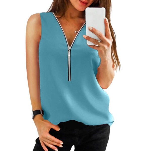 LAAMEI de cremallera camisas de manga corta mujer Sexy V cuello las mujeres blusas Casual camiseta tops ropa de mujer Tallas grandes