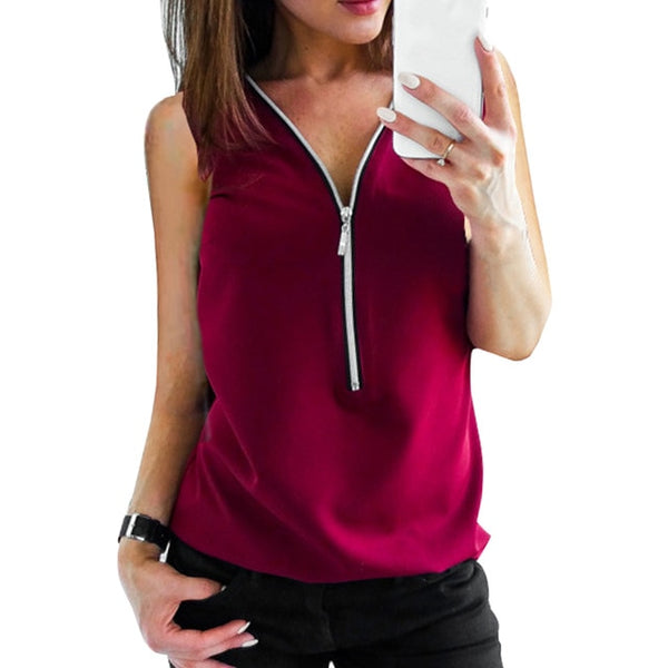 LAAMEI de cremallera camisas de manga corta mujer Sexy V cuello las mujeres blusas Casual camiseta tops ropa de mujer Tallas grandes