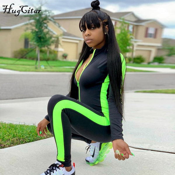 Hugcitar long sleeve striped patchwork zippers jumpsuit 2019 autumn winter stretchy streetwear outfits body