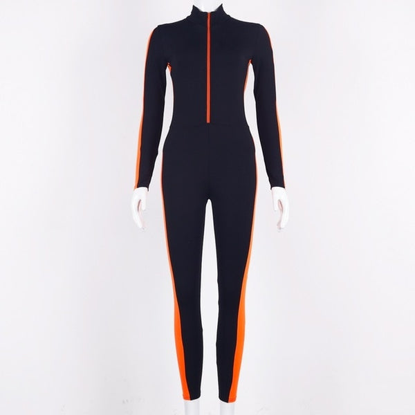 Hugcitar long sleeve striped patchwork zippers jumpsuit 2019 autumn winter stretchy streetwear outfits body