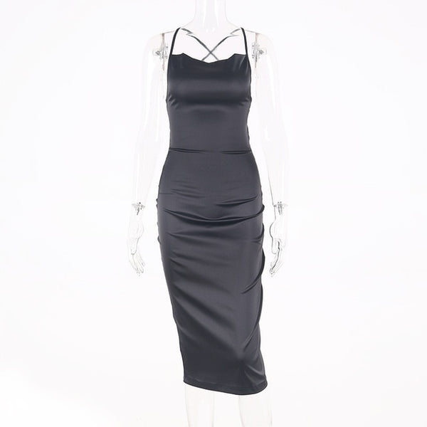Dulzura neon satin lace up 2020 summer women bodycon long midi dress sleeveless backless elegant party outfits sexy club clothes