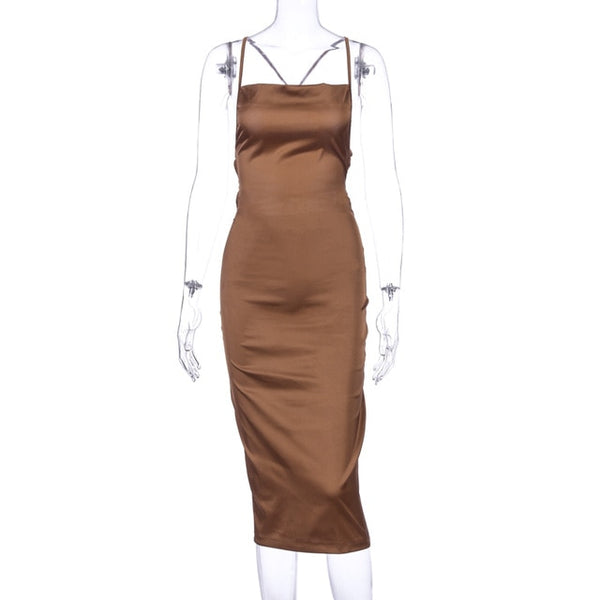 Dulzura neon satin lace up 2020 summer women bodycon long midi dress sleeveless backless elegant party outfits sexy club clothes