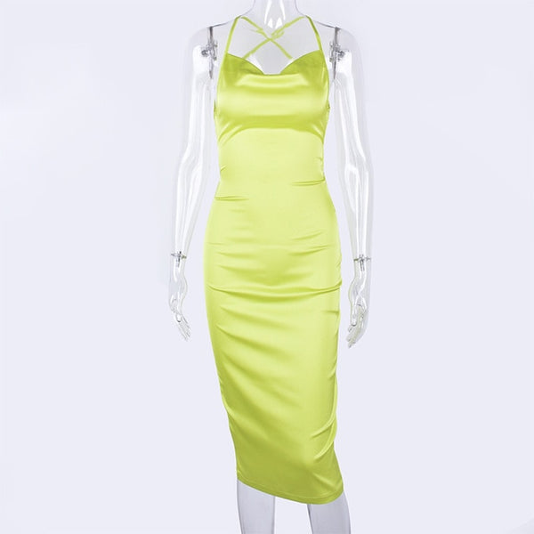 Dulzura neon satin lace up 2020 summer women bodycon long midi dress sleeveless backless elegant party outfits sexy club clothes