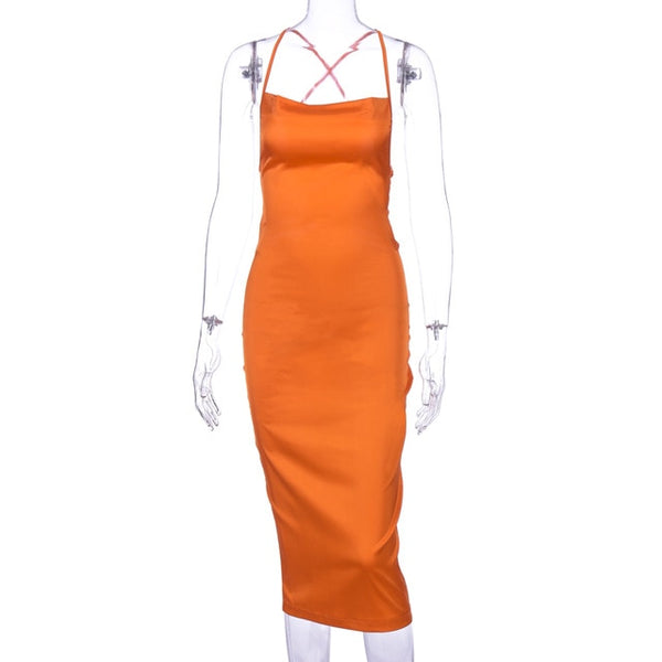 Dulzura neon satin lace up 2020 summer women bodycon long midi dress sleeveless backless elegant party outfits sexy club clothes