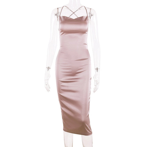 Dulzura neon satin lace up 2020 summer women bodycon long midi dress sleeveless backless elegant party outfits sexy club clothes