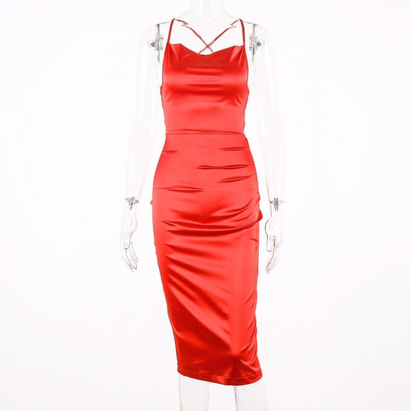 Dulzura neon satin lace up 2020 summer women bodycon long midi dress sleeveless backless elegant party outfits sexy club clothes